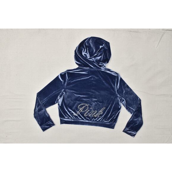 NEW Victoria's Secret PINK Velour Cropped Zip Up Hoodie Navy Blue Rhinestone L - Picture 4 of 8